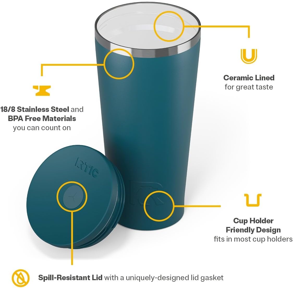 RTIC 20oz Everyday Tumbler Insulated Stainless Steel Portable Travel Coffee Cup with Straw, Ceramic Lining, Spill-Resistant Lid, BPA-Free, Hot and Cold Drink, Beach