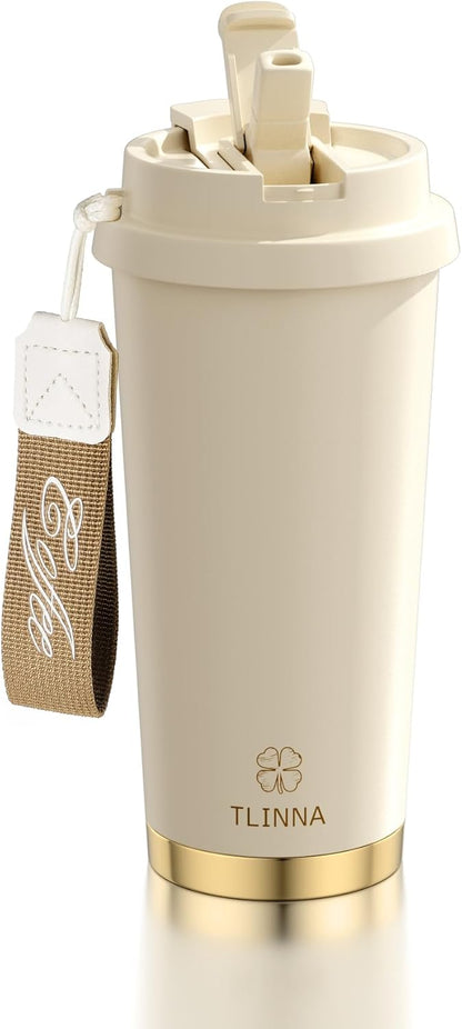 [2-IN-1 LID] Travel Mug,Coffe mug,Coffe cup,Ceramic coating Lined,316 Stainless Steel,BPA Free,Vacuum Insulated Tumbler for Water, Iced Tea or Coffee, Smoothie and More (Peony-White, 18 Onuces)