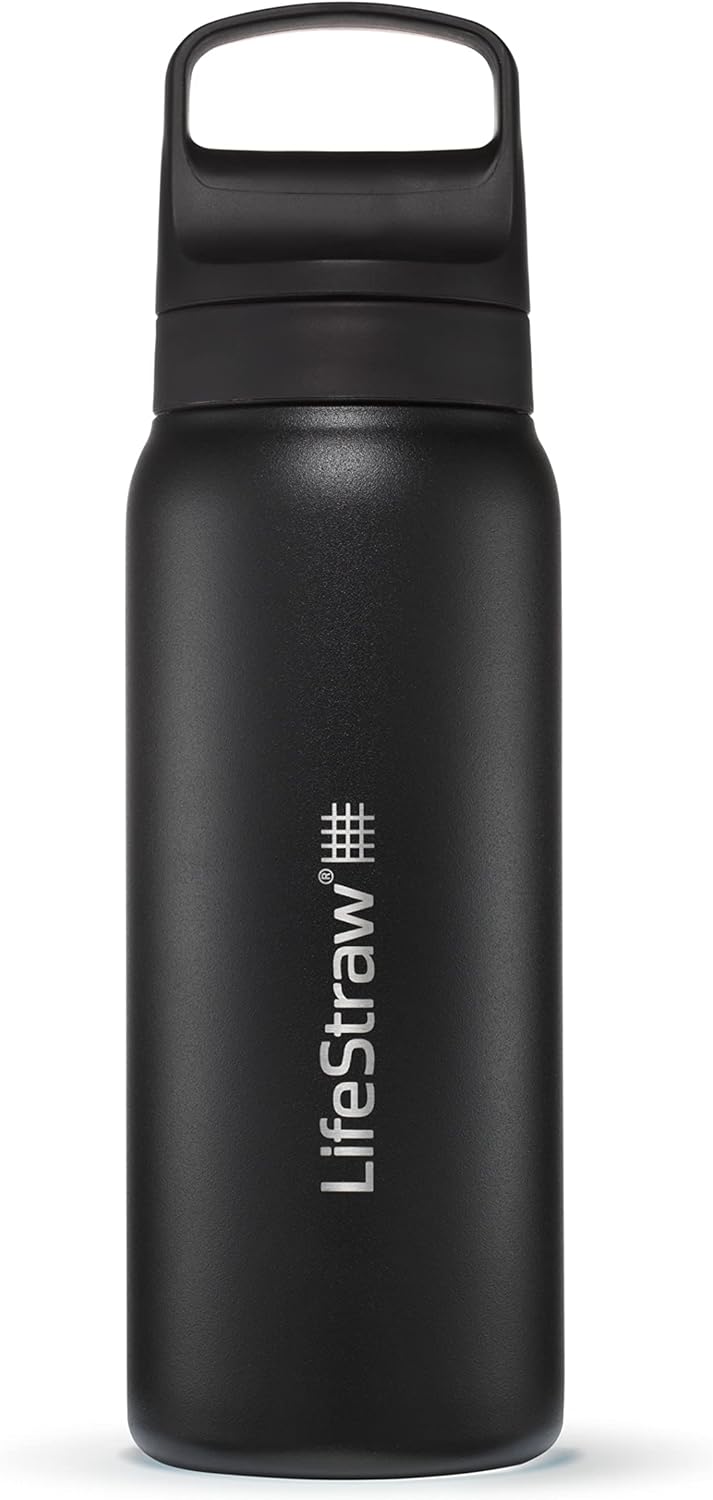 LifeStraw Go Series — Insulated Stainless Steel Water Filter Bottle for Travel and Everyday Use Removes Bacteria, Parasites and Microplastics, Improves Taste, 1L Aegan Sea
