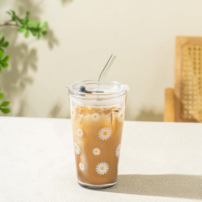 Olvini 15oz Glass Tumbler with Straw and Lid, Cute Iced Coffee Cups, Aesthetic Glass Cups, Coffee Tumbler, Water Cup, Matcha Cup, Drinking Glasses (Clear)