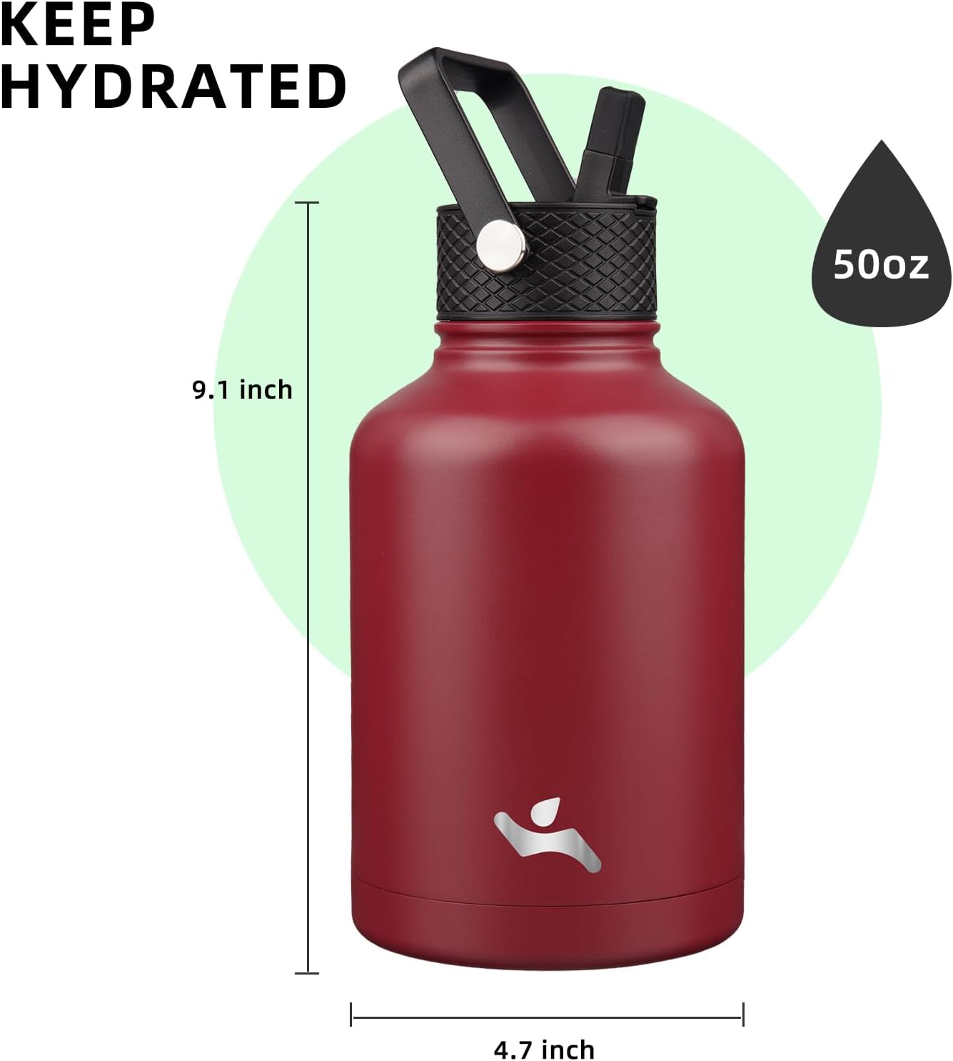 Konokyo 22oz Stainless Steel Bottles with 3 Lids Sport Insulated Water Bottle,Mint