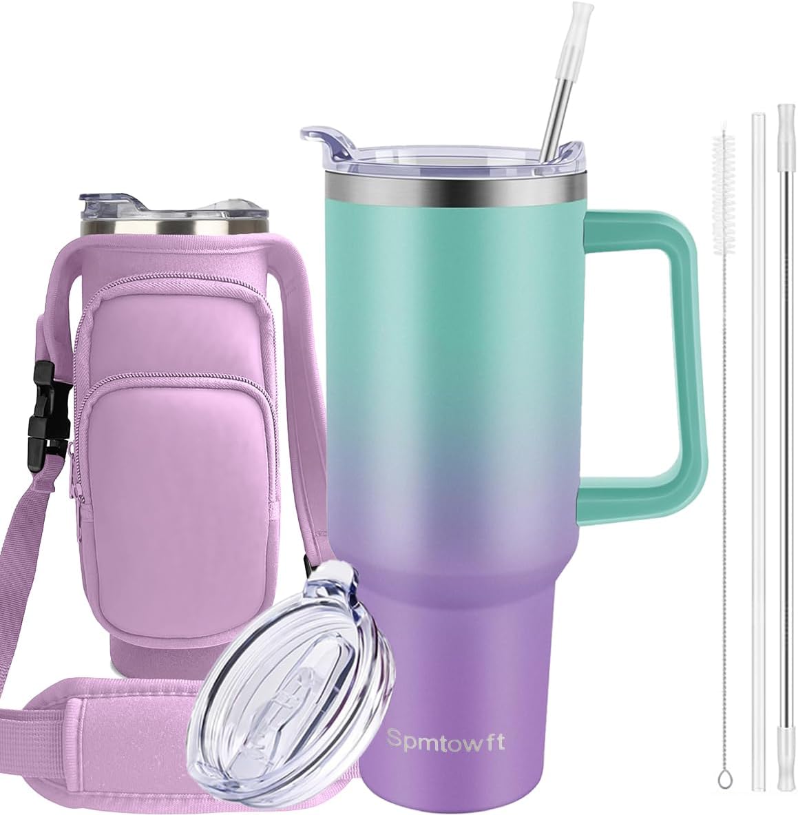 40oz Stainless Steel Double Vacuum Tumbler with Handle, Straw Lid, Carrier Bag, Purse Pouch Phone Pocket, Gym Water Bottle Travel Mug and Sleeve Holder for Men Women (Black)