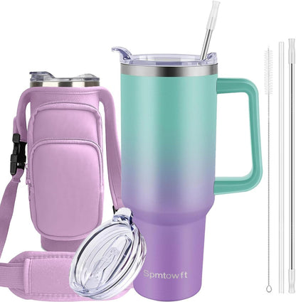 40oz Stainless Steel Double Vacuum Tumbler with Handle, Straw Lid, Carrier Bag, Purse Pouch Phone Pocket, Gym Water Bottle Travel Mug and Sleeve Holder for Men Women (Black)