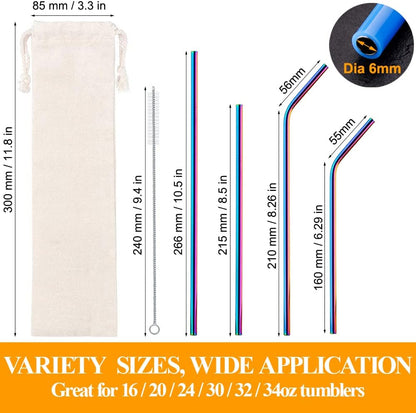 Lazycorner 16 Pcs Metal Straw Reusable 8.5" 10.5" 6mm Stainless Steel Straws for Tumblers 20oz-32oz, Rainbow Drinking Straws with Silicone Tips, 4 Straw Cleaner Brush, 1 Travel Case