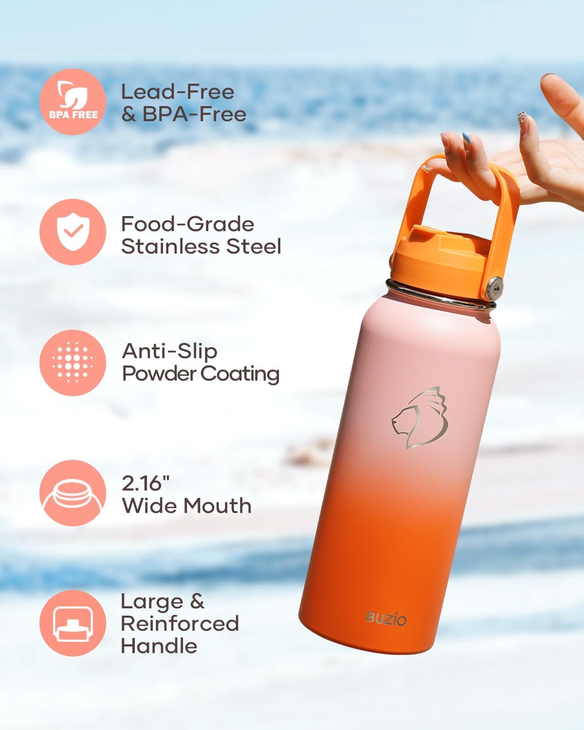 BUZIO 40oz Insulated Water Bottle, Triple Wall Vacuum Stainless Steel Water Flask with 2 lids, Lead-Free BPA-Free Straw Lid Sports Canteen Jug, Cold 48H & Hot 24H- Black - Colors B