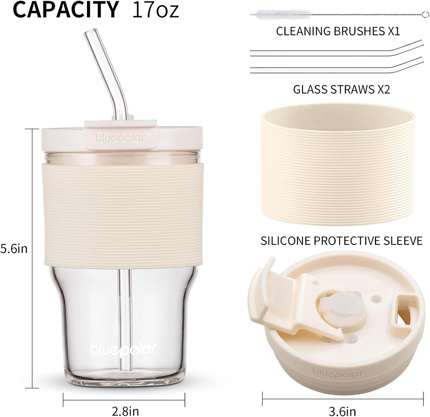 BLUEPOLAR 16oz/480ml Iced Coffee Cups With Lids And Straws,Reusable Leakproof Glass Tumbler,Water Bottles,Cold Brew,Drinking Jars For Juicing,Matcha,Tea,Smoothie For Travel,Office (Off-White)