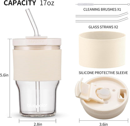 BLUEPOLAR 16oz/480ml Iced Coffee Cups With Lids And Straws,Reusable Leakproof Glass Tumbler,Water Bottles,Cold Brew,Drinking Jars For Juicing,Matcha,Tea,Smoothie For Travel,Office (Off-White)