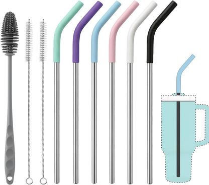 Replacement Straws for 40oz Stanley Tumblers,4 Pack Metal Straws Reusable Compatible with 40oz Cup,12" Extra Long Stainless Steel Straw with Silicone Tips,Cleaner Brush and Tumbler Brush