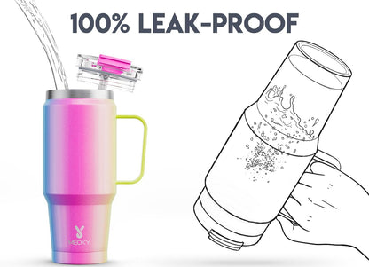 Meoky 32oz Tumbler with Handle, Stainless Steel Travel Mug with 2-in-1 Straw and Sip Lid, Vacuum Insulated Coffee Mug, 100% Leak Proof, Keeps Cold for 24 Hours or Hot for 8 Hours (Sky)