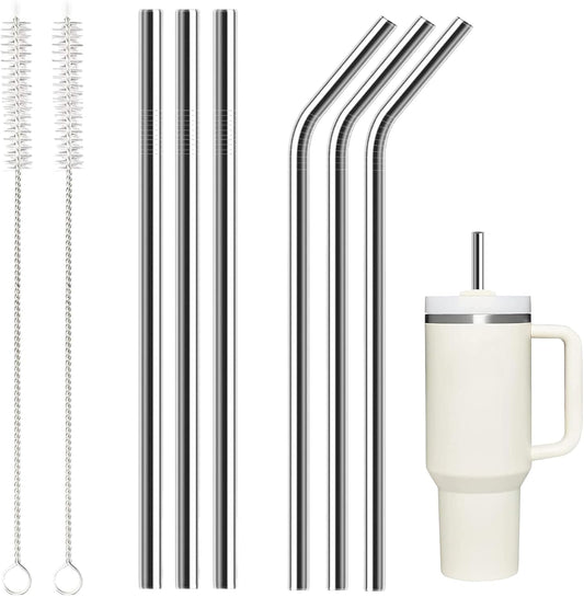6 Pack Stainless Steel Straw Replacement 40 oz for Stanley Tumbler，3 Straight +3 Curved Reusable Metal Straws with 2 Cleaning Brush Compatible with Stanley 40oz Stanley Cup Tumbler
