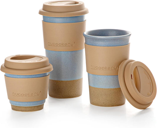 Nucookery Ceramic Travel Coffee Mug Set, Coffee Tumbler with Silicone Lid and Non-Slip Sleeve, Unique To Go Mug, Gifts for Women & Men, Microwave Safe Cappuccino, Tea, Latte, Iced-Coffee Cups, White