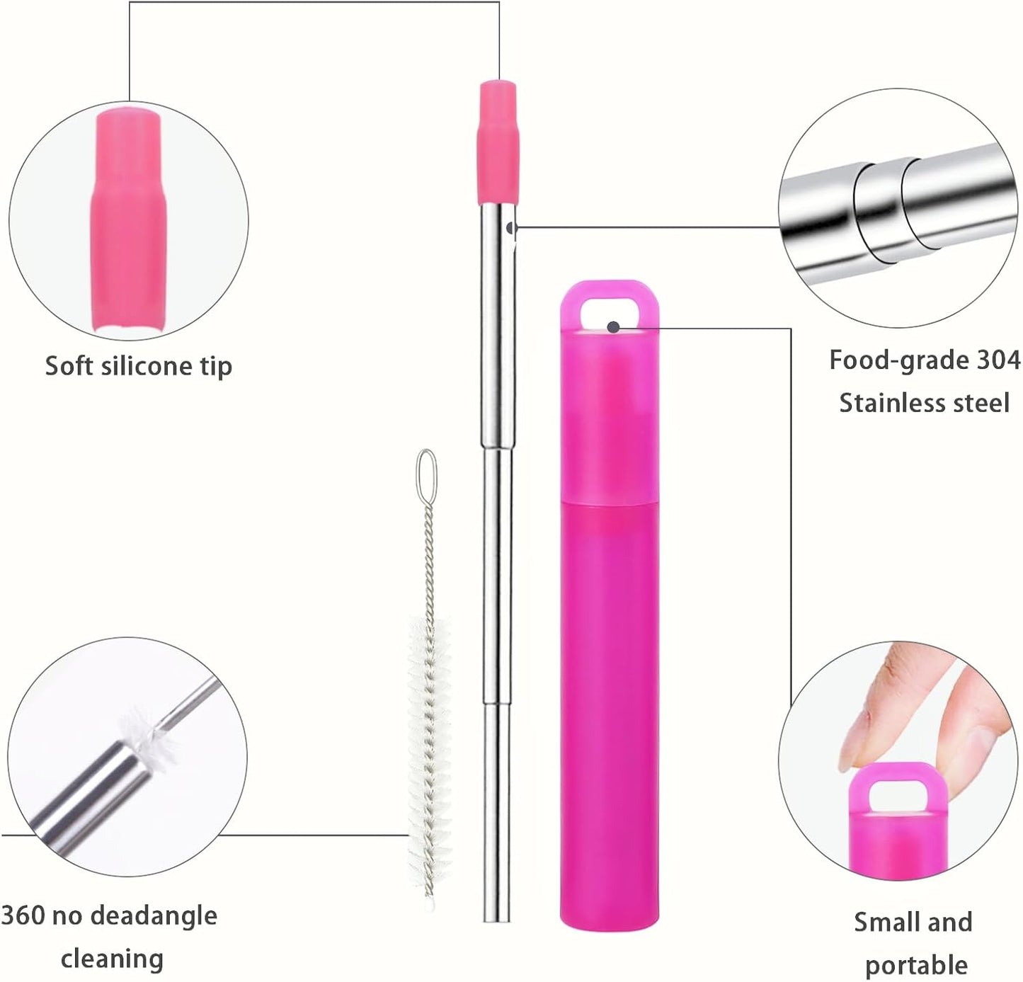 NAIVELY-Metal Reusable Straws 3 Pack Collapsible Portable Stainless Steel Drinking Straw Telescopic Travel Straw, with Case and Cleaning Brush Foldable Pocket Straws