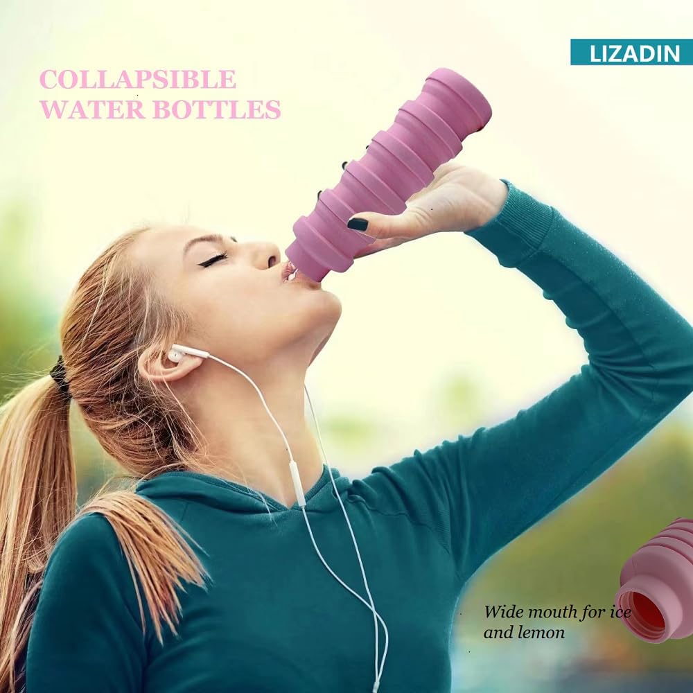 Collapsible water bottles 2 Pack with brush,BPA Free Travel Silicone Water Bottle with Carabiner,Reusable Foldable Portable Lightweight Sports bottles for Gym Camping Hiking (Black+Aqua blue)
