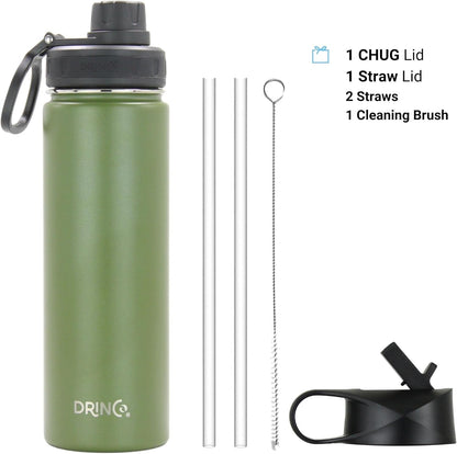 Drinco Stainless Steel Water Bottle Spout Lid Vacuum Insulated Double Wall Water Bottle Wide Mouth (40oz 32oz 22oz 18oz 14oz) Leak Proof Keep Cold Sport Camping Hiking (22 oz, 22oz Black)