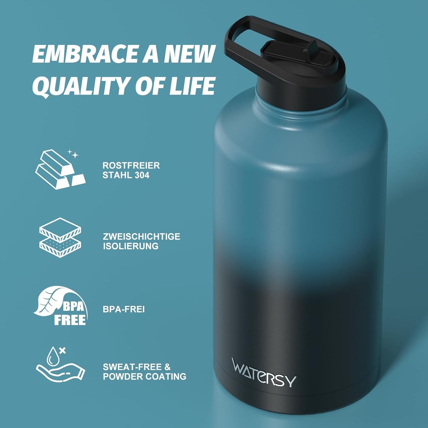 40oz Insulated Water Bottle (Cold for 48 Hrs),BPA Free&Leak Proof,Stainless Steel Water Flask,Water Jug with Straw Spout Lids for Gym,Hiking,Travel,Black Blue