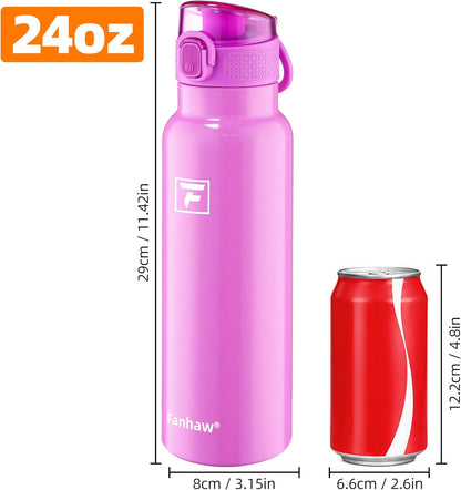 Fanhaw 24 oz Insulated Water Bottle with Soft Silicone Spout Lid, Leakproof Stainless Steel Vacuum Bottle for School, Sports& Daily Use, Kids, Teens& Adults, Back to School Essentials (Pink)