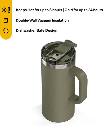 RTIC 20oz Road Trip Travel Mug with Lid and Handle, Ceramic Lined, Insulated, Stainless Steel, Metal, Double Wall Vacuum-Insulation, Portable Coffee, Tea Cup for Hot and Cold Drink, Black