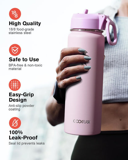 Half Gallon Water Bottle Insulated with Straw & 3 Lids, Coolflask 64 oz Water Jug Large Metal Stainless Steel Wide Mouth for Sports, Gym or Office, Non-BPA Keep Cold 48H Hot 24H, Samurai Cyan