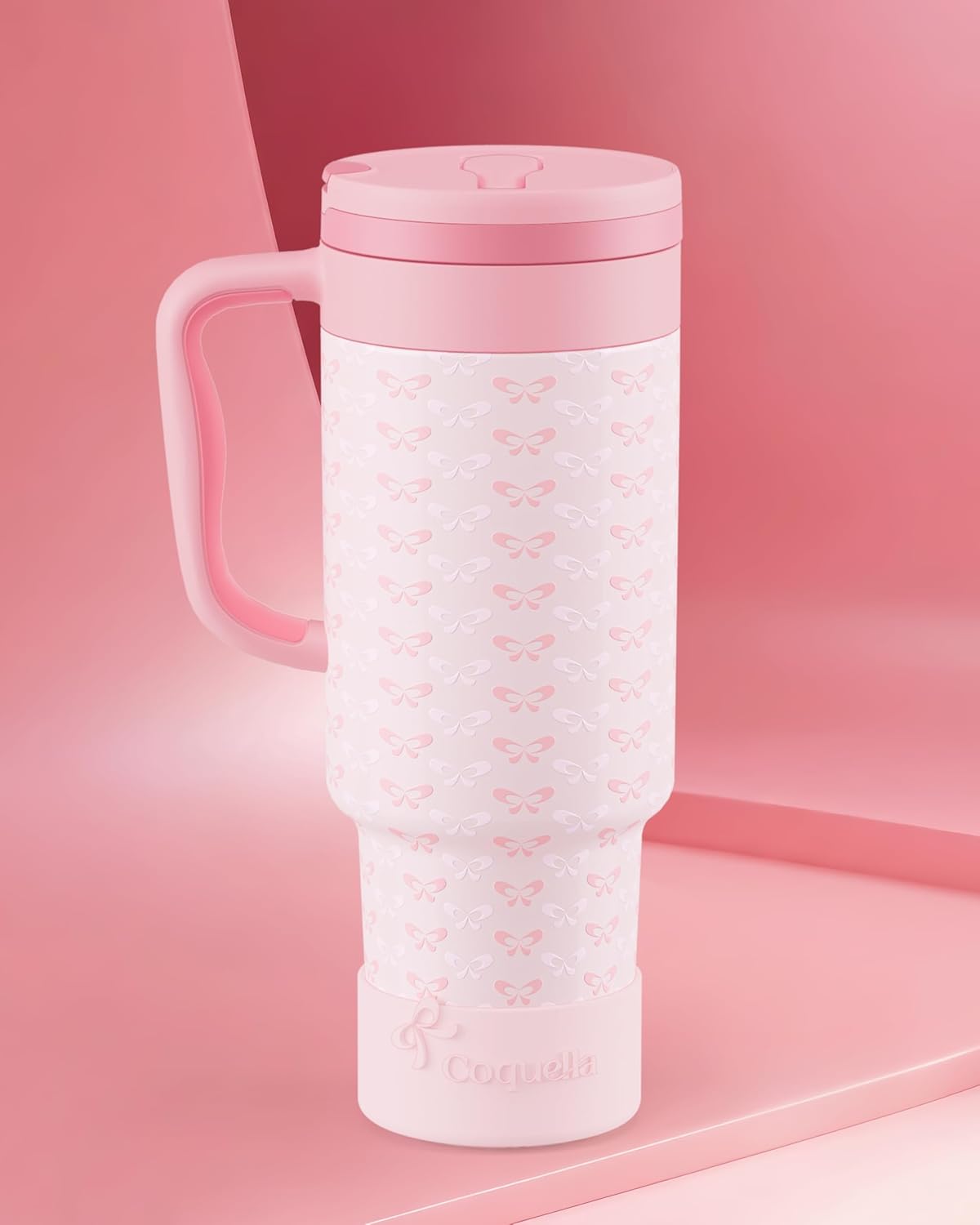 40 oz Insulated Tumbler with Handle and Push-Button Straw Lid, Stainless Steel Travel Cup for Gym Office, Leakproof, BPA-Free, Cup Holder Friendly, Bow Silicone Boot, Purple (Light Lilac)
