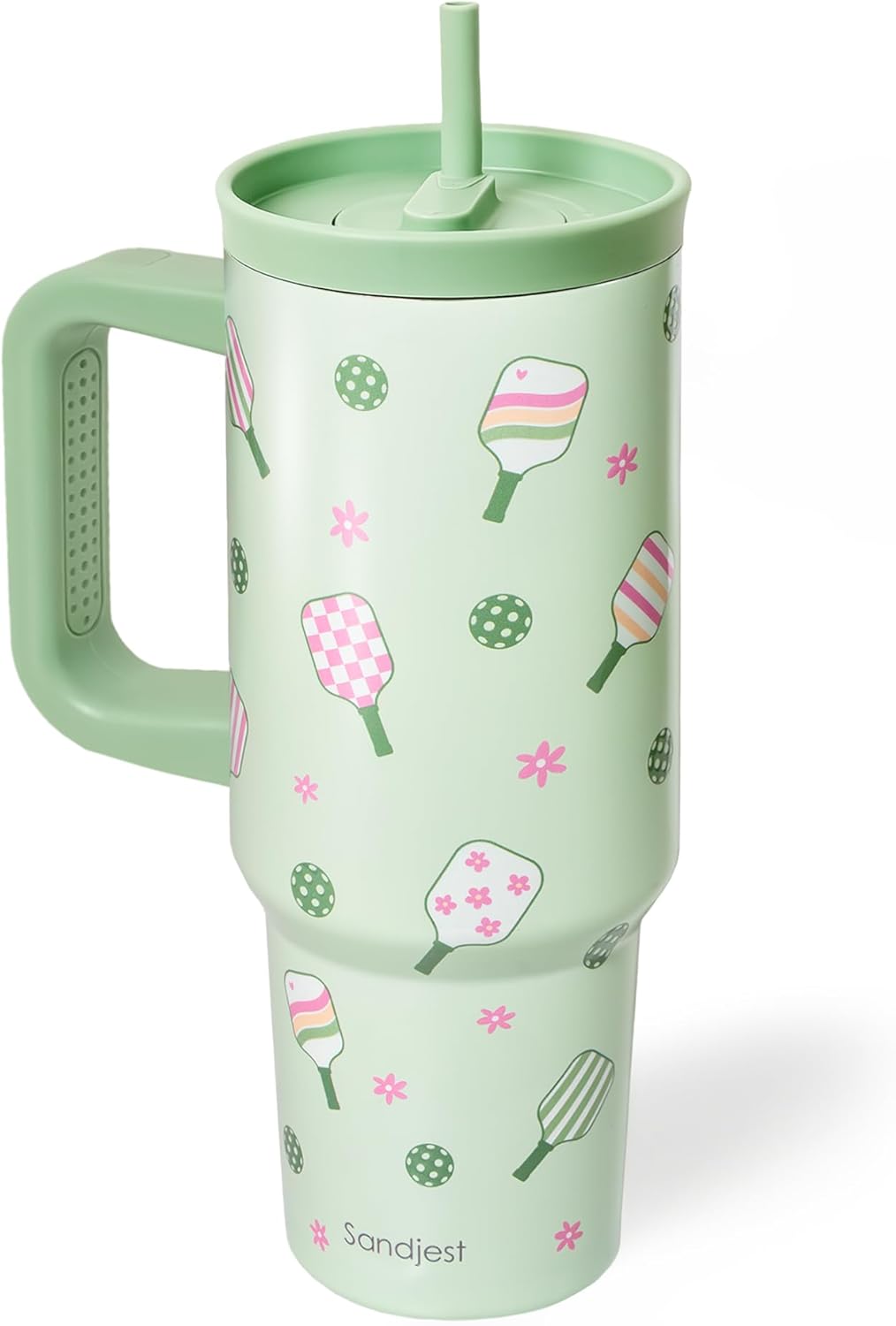 SANDJEST Pickleball Stainless Steel Locking Lid Silicone Straw Tumbler with Handle 40oz, Insulated Stainless Steel Travel Cup for Women Girls Friends Players, Gift Idea for Birthday Christmas