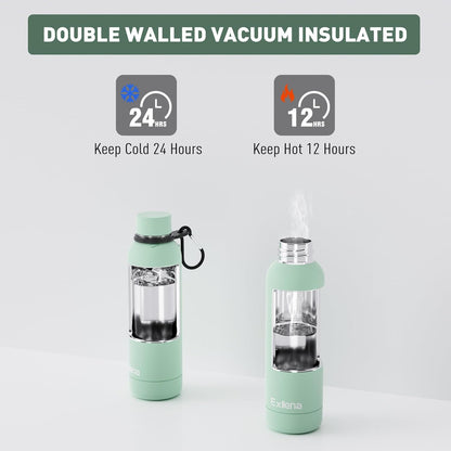 Exllena Slim Insulated Water Bottles for Travel 18oz with Clip, Double Wall Vacuum Stainless Steel Water Bottle Keeps Drinks Cold 24 Hrs/Hot 12 Hrs, 100% Leakproof, BPA Free(Black)