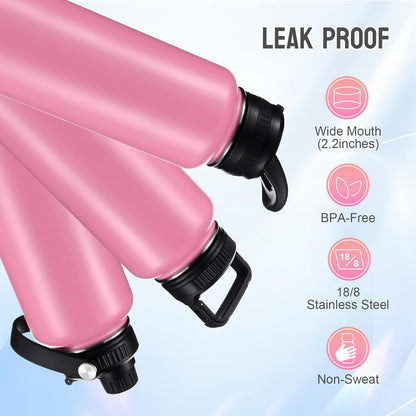 Insulated Water Bottles with Straw 40 oz Leak Proof, Vacuum Insulated Stainless Steel Sport Tumbler with 3 Lids Straw, Spout and Handle Lid for Sports, Gym or Office,Hot Pink