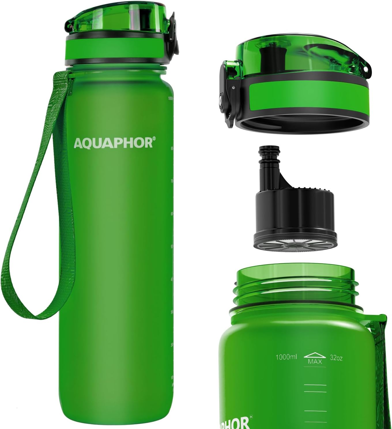 Nakii Filtered Water Bottle, Leakproof, BPA-Free, Motivational Markings, Travel, Everyday Use. 40-Gallon Filter, Replaces 300 Plastic Water Bottles. Includes 1 Filter, 22 FL Oz, Grey by Aquaphor