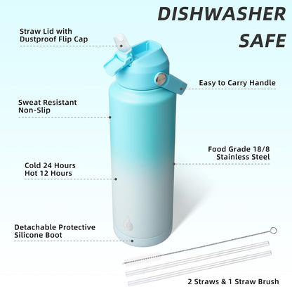 BJPKPK Insulated Water Bottle with Straw Lid, 18oz Thermo Water Bottles with Soft Nozzle, Flex Handle & Non-slip Boot, BPA Free Leak Proof Stainless Steel Metal Thermo, Tumblers, Cups,Sea Salt