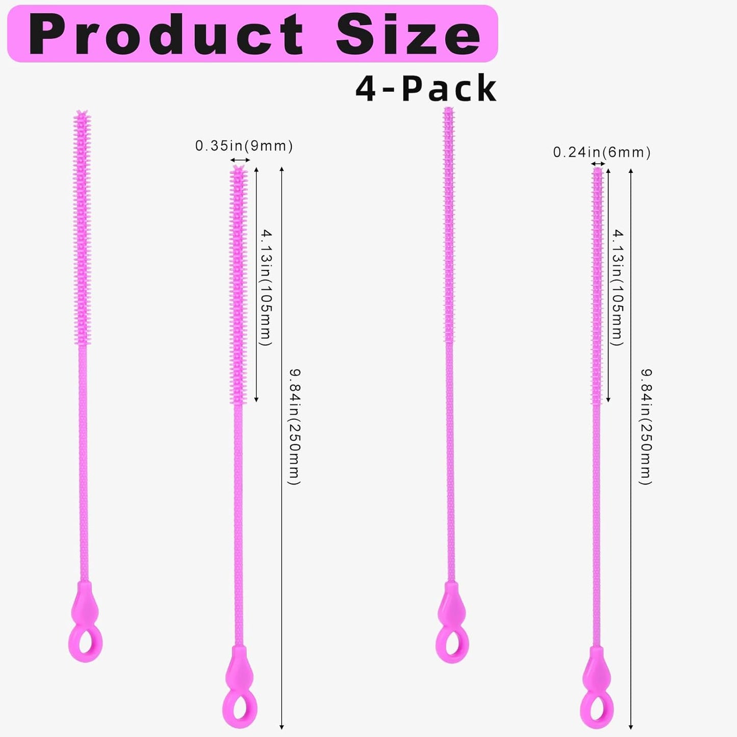 Silicone Straw Cleaner Brush, 4Pcs Reusable Straw Brush Set with Extra-Long Design for Cleaning Thin Metal Straws and Wider Milkshake Straws （6mm+9mm Pink)