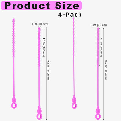 Silicone Straw Cleaner Brush, 4Pcs Reusable Straw Brush Set with Extra-Long Design for Cleaning Thin Metal Straws and Wider Milkshake Straws （6mm+9mm Pink)
