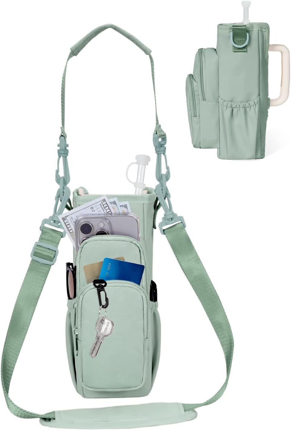 sportsnew Water Bottle Carrier Bag with Phone Pocket for 30oz 40oz Tumbler with Handle Accessories Insulated Water Bottle Holder Pouch with Strap Crossbody with Straw Cover
