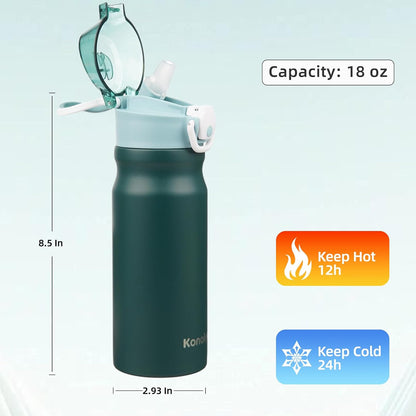 Konokyo 18 oz Insulated Water Bottle with Straw Lid, Stainless Steel Vacuum Sports Water Bottle, Leak-Proof Reusable Metal Flask with Carry Loop, BPA-Free Travel Bottle for Gym, School, Office