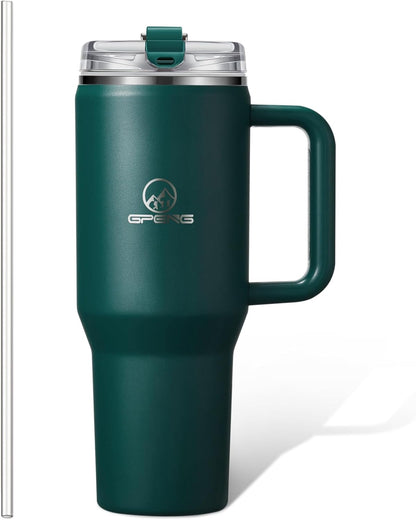 Gpeng 30/40/50 oz Tumbler with Handle, Water Bottles with Straw Lid, Insulated Stainless Steel Travel Mug Cup Holder Friendly, Keep Drinks Cold or Hot for Hours (LightGrey, 50 oz)