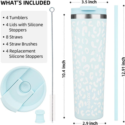 BJPKPK 4 Pack Tumbler with Lid and Straw,30oz Insulated Tumblers Bulk Reusable Travel Coffee Mug, Dishwasher Safe Double Wall Vacuum Insulated Cup Gift for Men Women,Light Blue Leopard