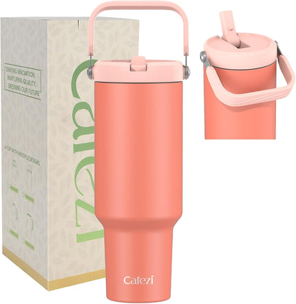 40 oz Insulated Tumbler with Top Handle and Flip Straw, Vacuum Insulated Stainless Steel Cup with Leak-Proof Lid, Sweat-Free, Fits Cup Holder, Keeps Ice Cold up to 30 Hours