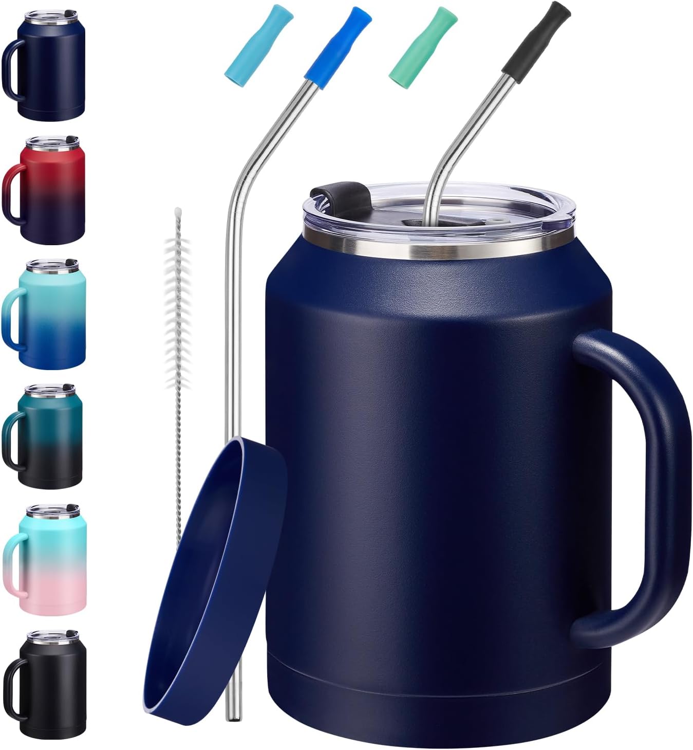 50 oz Insulated Tumbler with Handle and Straw - Stainless Steel Double Wall Coffee Mug, 2-in-1 Lid Metal Water Bottle, 36H Cold 24H Hot Travel Hydro Cup Jug with Silicone Boot