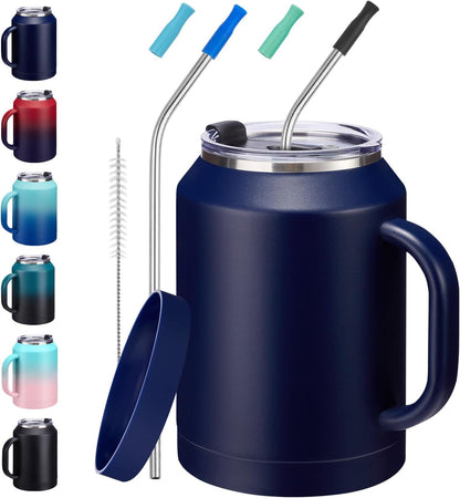 50 oz Insulated Tumbler with Handle and Straw - Stainless Steel Double Wall Coffee Mug, 2-in-1 Lid Metal Water Bottle, 36H Cold 24H Hot Travel Hydro Cup Jug with Silicone Boot