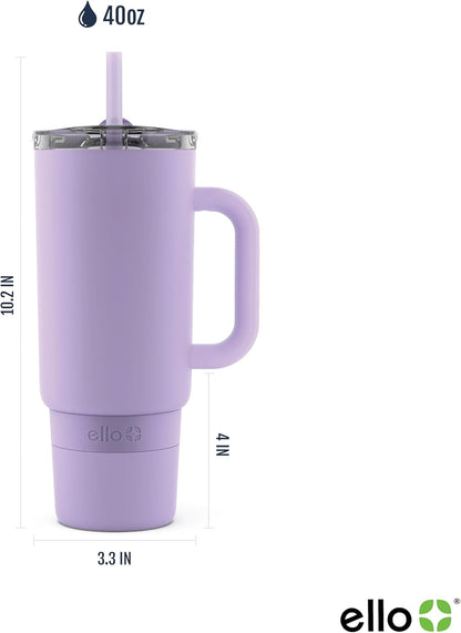 Ello Port 40oz Tumbler with Carry Loop & Integrated Handle, Vacuum Insulated Stainless Steel Reusable Water Bottle, Travel Mug with Leak Proof Lid & Straw, Perfect for Iced Coffee & Tea, White