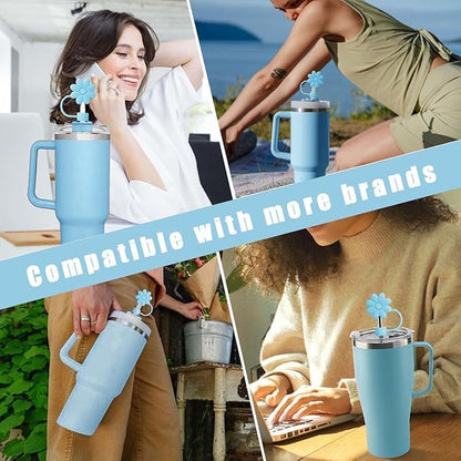 Flower Straw Covers Toppers for Stanley Cups 30&40 Oz Tumbler with Handle Accessories 4PCS Silicone Straw Caps Reusable Straws Tips Protectors for Stanley Cup 10mm 0.4in Straws,Off White
