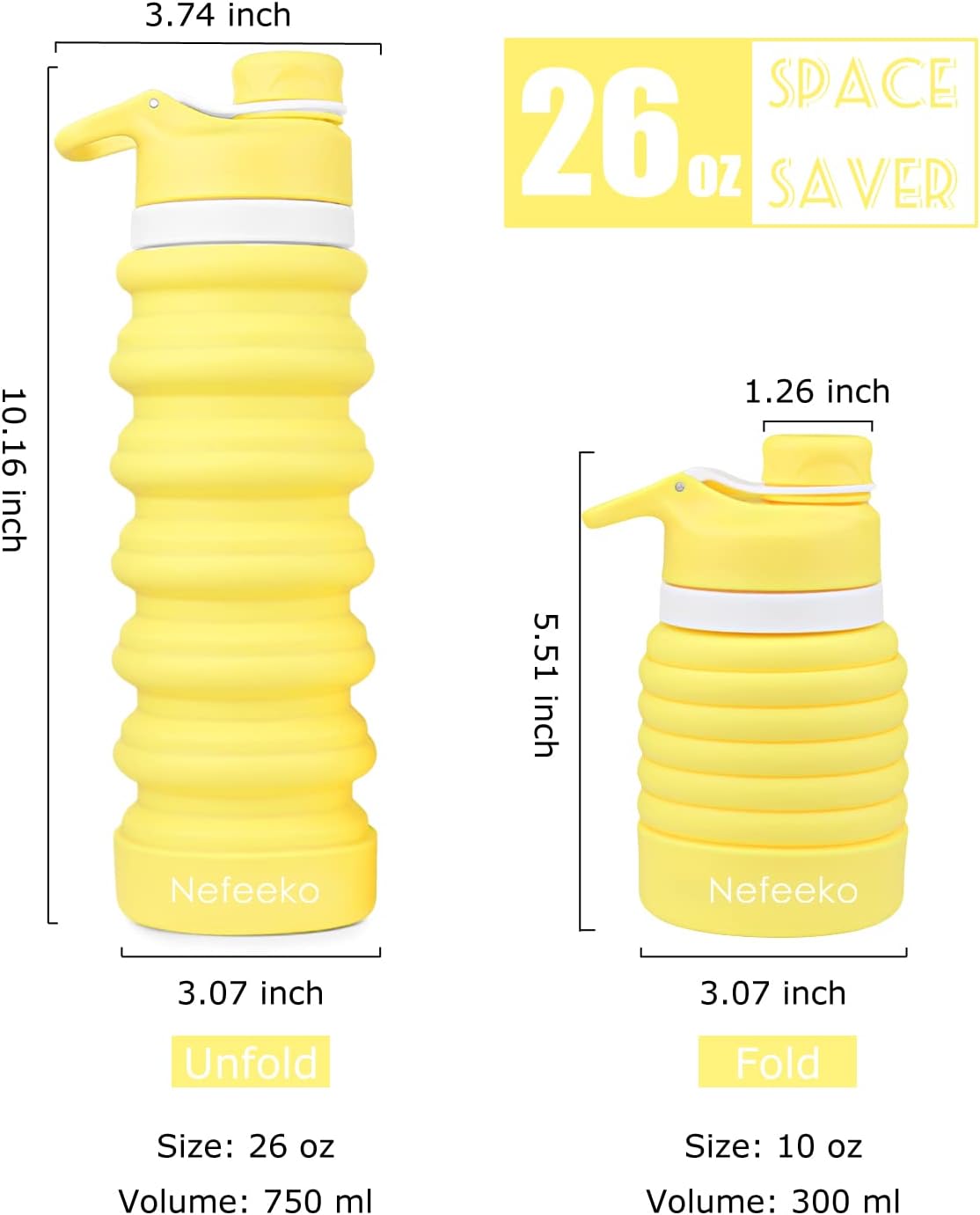 Nefeeko Collapsible Water Bottle, 26oz Silicone Foldable Water Bottles Leakproof BPA Free Travel Water Bottles with Carabiner, Portable Sport Water Bottles for Camping,Hiking Outdoor Indoor Sport
