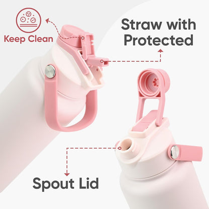 KEWIXY 32 oz Insulated Water Bottle, 2-in-1 Lid, Straw & Spout with Protected, Leak Proof, Keep Cold, Stainless Steel, Metal, Reusable, Handle, for Outdoor, Gym and School, 2 Lids, Blush Pink