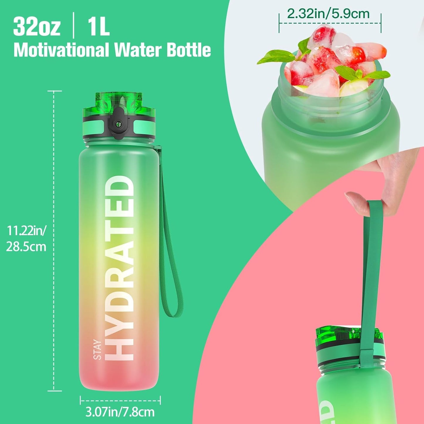Sahara Sailor Water Bottle 32oz, Durable and Leakproof Water Bottles Motivational with Time Marker, Tritan, BPA Free, Wide Mouth with Easy Clean Brush for Gym, Travel, Home, School, Office (1 Bottle)