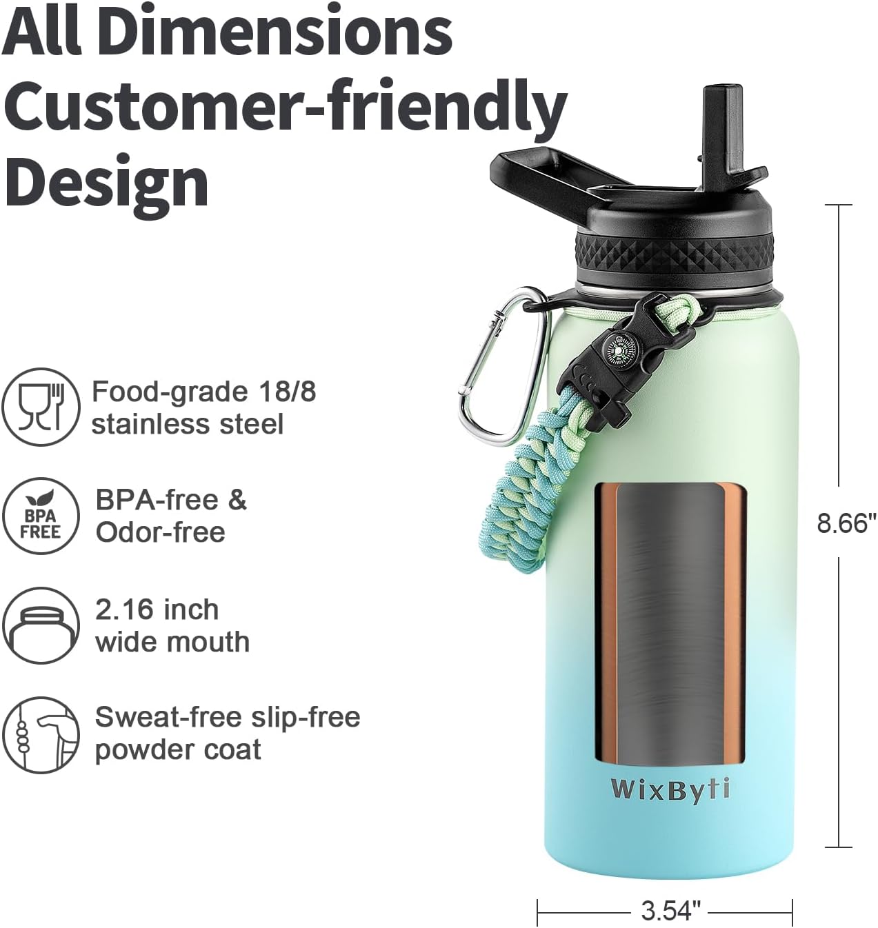 WixByti 40 oz Insulated Water Bottle with Straw (Cold for 36 Hrs), Stainless Steel Triple Wall Vacuum Sports Water Jug, Leakproof Hydro Cup Flask with Paracord Handle & Straw Spout Lids & DIY Stickers