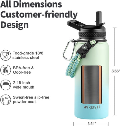 WixByti 40 oz Insulated Water Bottle with Straw (Cold for 36 Hrs), Stainless Steel Triple Wall Vacuum Sports Water Jug, Leakproof Hydro Cup Flask with Paracord Handle & Straw Spout Lids & DIY Stickers
