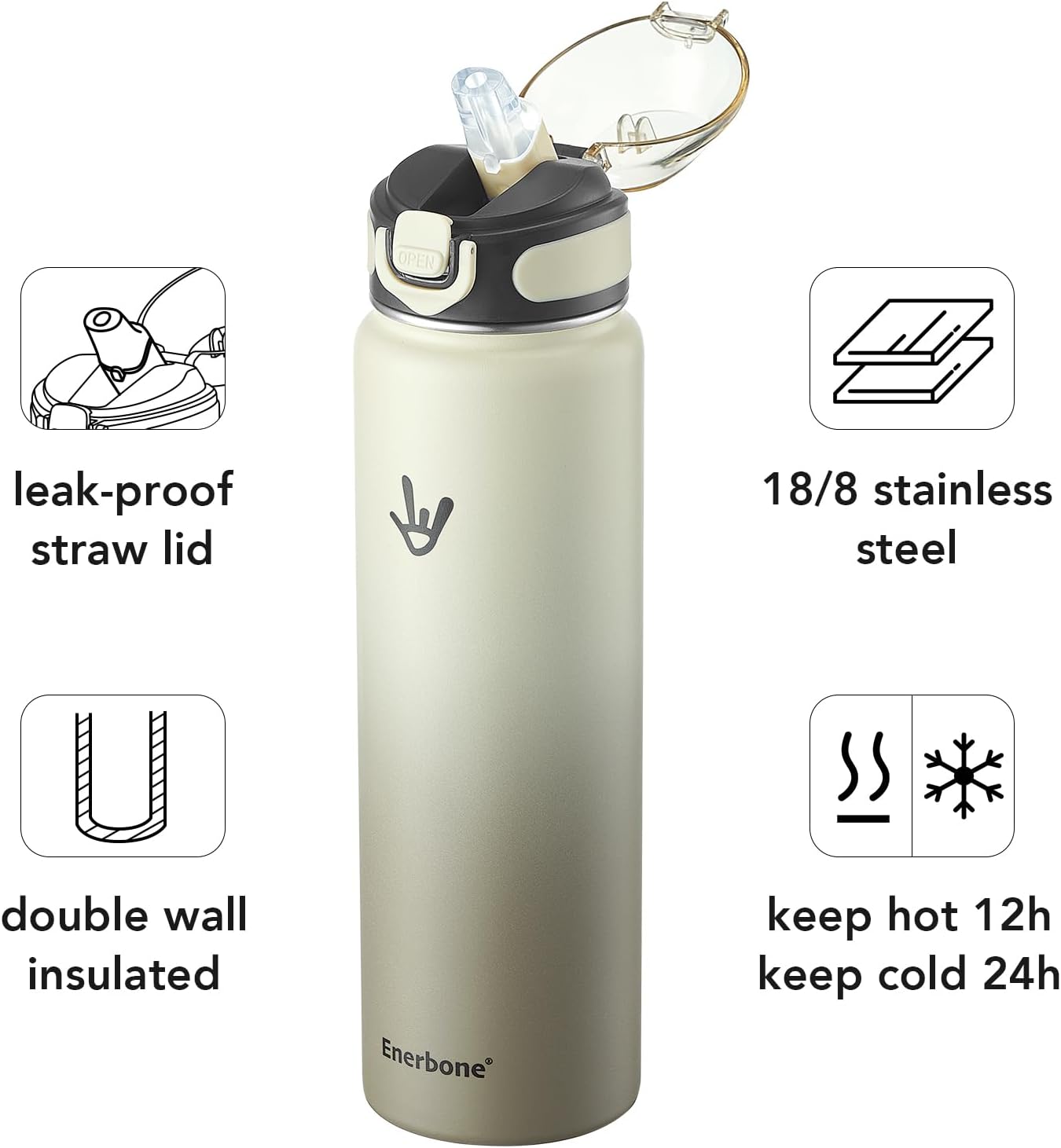 Enerbone 24 oz Insulated Water Bottle, Stainless Steel Bottle with Carrying Strap, Double-Wall Vacuum Insulation Design, Leakproof Sports Bottle with Straw, Keep Drinks Cold or Hot for Hours