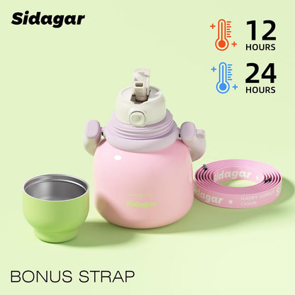 22 oz Water Bottle with Straw and Bowl, Unique Insulated Stainless Steel Tumbler, Spill-proof Reusable BPA-Free Cup, Pilates Wellness Study Travel, with Bonus Strap - Chocolate Black