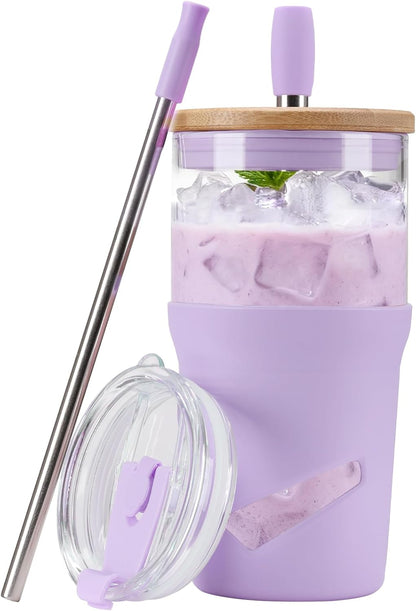 Glass Tumbler with Lids and Straws, 20 oz Iced Coffee Cup and Smoothie Cup with Bamboo Lid and On the go Lid,Glass Cups With Straws
