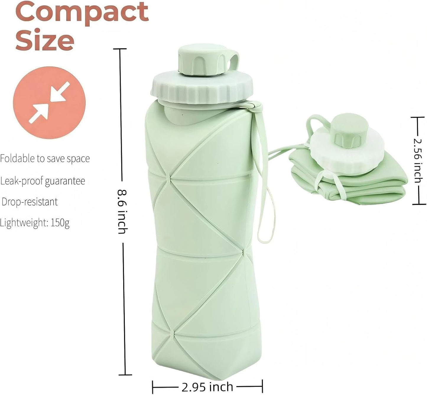Collapsible Water Bottle 20oz (600ml), BPA-Free Silicone Foldable Portable Lightweight Reusable Water Bottle with Leak-Proof Lid & Lanyard for Outdoor Travel Cycling Gym & Camping (Green)
