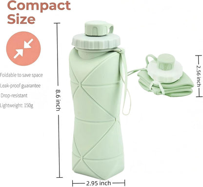 Collapsible Water Bottle 20oz (600ml), BPA-Free Silicone Foldable Portable Lightweight Reusable Water Bottle with Leak-Proof Lid & Lanyard for Outdoor Travel Cycling Gym & Camping (Green)