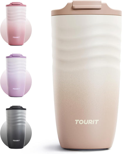 TOURIT 16 oz Travel Coffee Mug, Vacuum Insulated Stainless Steel Tumbler with Ripple-Wave Anti-Slip Grip, Built-in Silicone Bottom for Quiet & Stable, Leak-Proof Lid, Fits Car Cup Holder, Khaki